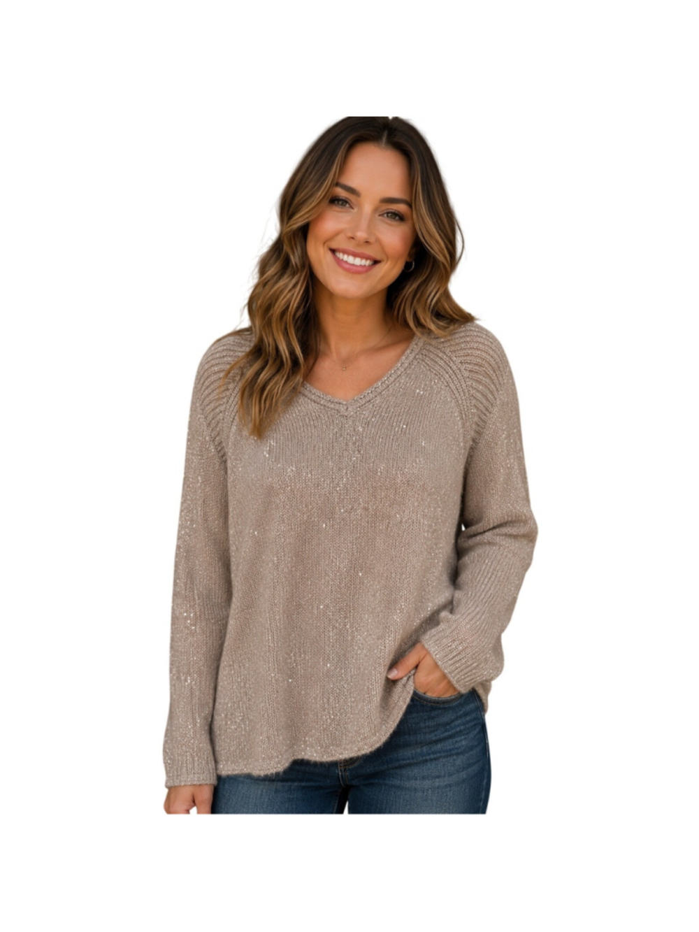 Democracy sz M Sparkly Knit Sweater pink Long Sleeve V-Neck Pullover slub girly